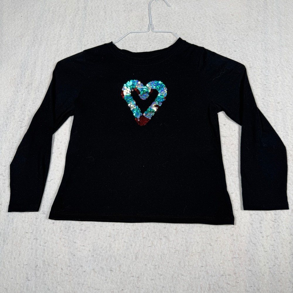 Cat & Jack Girls Black Long Sleeve Sequin Heart Graphic Tee Shirt Size S 6/7